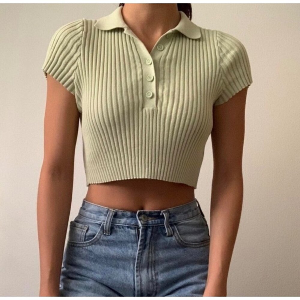 Brandy Melville Crop Tank Top Ribbed Polo Neck Cap Sleeve Cotton Green Sz S